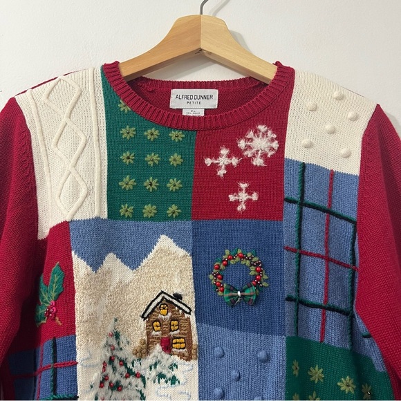 Vintage Women’s Ugly Christmas Knit Sweater Petite Large Patchwork Embellished - Picture 6 of 12